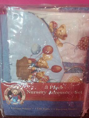 Blue Jean Teddy Baby Nursery 3 Piece Accessory Set Blanket Crib Ruffle Diaper